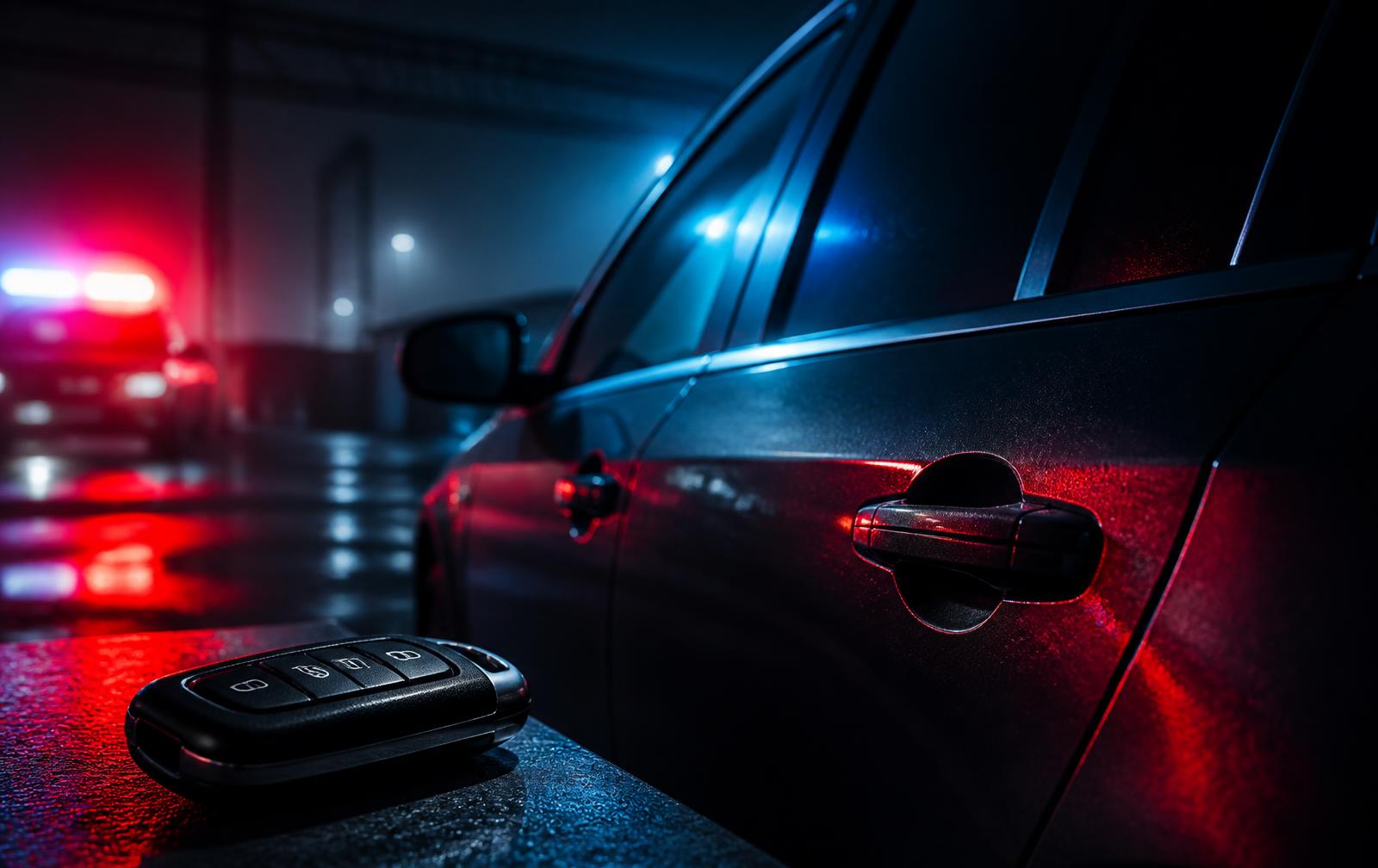 Vehicle door at night with a key fob and emergency lighting